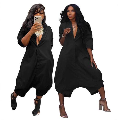 Solid Button Front Shirt Jumpsuit Loose Fit Wide Leg Pants