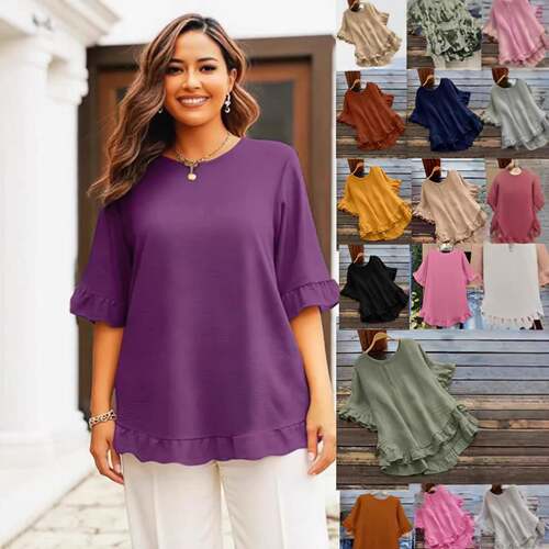 Plus Size Plain Ruffle High Low Hem Blouse Casual Round