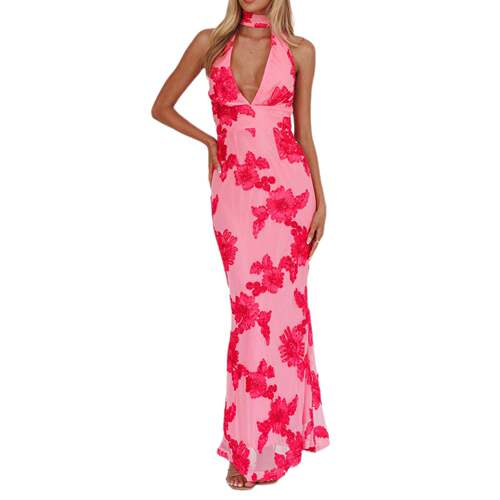 Women's Floral Halter Maxi Dress Backless Bodycon Gown for