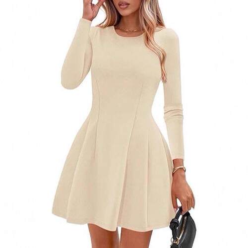 New Fashionable Solid Color Long Sleeve Flared A-Line Skirt