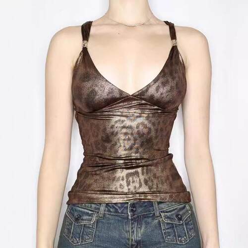 Women's Leopard Print Cut Out Backless Jersey Slim Tank Top