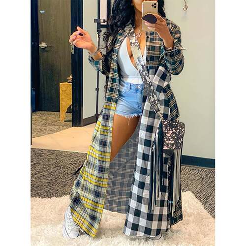 Women's Plaid Print Button Front Long Sleeve Collared Coat