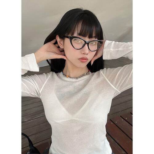 Women's Spring Autumn Elastic Transparent Long Sleeve Round