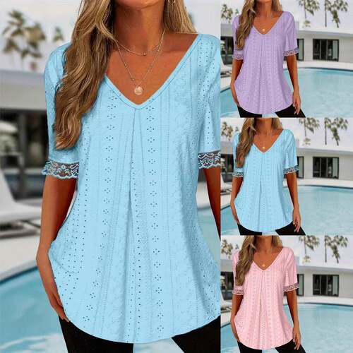 Summer Soft Lace Mesh Top  V Neck Loose Casual Shirt
