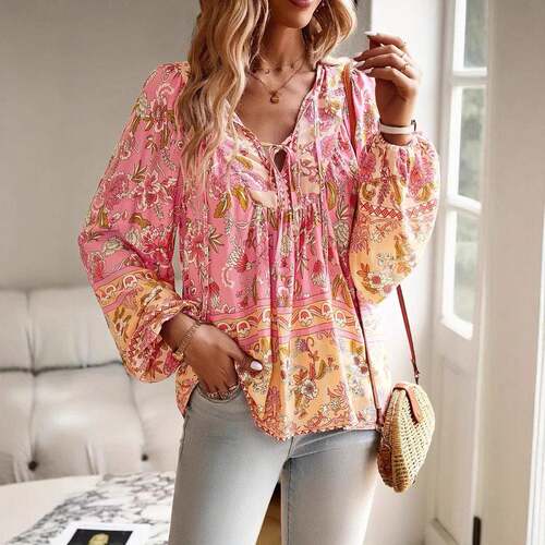 Boho Chic Floral VNeck Blouse with Tie Detail Long Sleeve