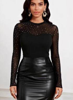 Spring Autumn Women's Round Neck Long Sleeve Mesh T-Shirt