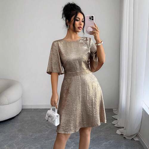 Women's Backless Bow Tie Flare Half Sleeve Short Dress