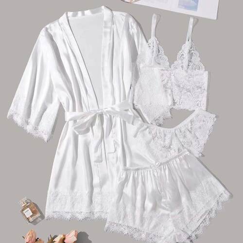 Womens Honeymoon Sets Silk Satin Bridal Pajamas Set 4pcs