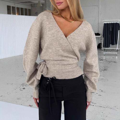 Fashion Minimalist Cross V-Neck Lace-Up Knitwear Sweater for