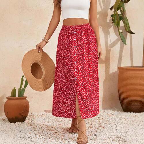 Women's Ditsy Floral Print Split Hem Skirt  Boho Casual