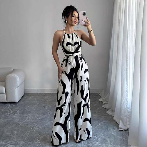 Women's Elegant Abstract Bodycon Jumpsuit Sleeveless
