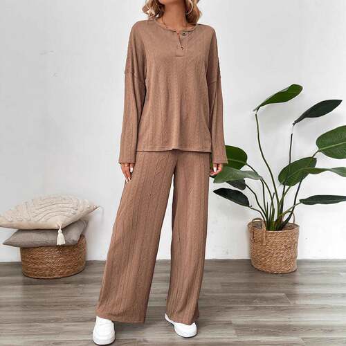 Women's Solid Textured Button Front Drop Shoulder Top & Wide