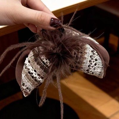 韩版羽毛针织设计感马尾夹蝴蝶结半扎发抓夹复古发夹旅行发卡