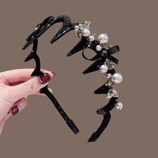 轻奢小香风蝴蝶结水钻珍珠发箍女高颅顶波浪头箍带齿发箍发卡