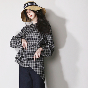 D79两件套三角巾打结收腰黑白格复古欧美风宽松套头长袖圆领衬衫