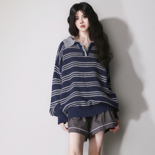 D30翻领灰蓝条纹撞色休闲减龄中性欧美风宽松慵懒长袖 套头毛衣