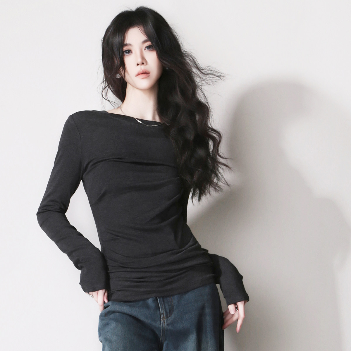 F10超显瘦自然褶皱随意不规则欧美风高弹力圆领长袖打底外穿T恤,女装/女士精品,T恤,淘宝优惠券,粉丝福利购,淘宝优惠卷