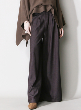 C86老钱风宽松A字立体褶皱阔腿高腰编织腰带大气欧美风休闲西装裤