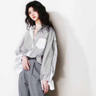 衬衫 U52深浅撞色前短后长男友风宽松慵懒欧美风袖 口镂空设计长袖