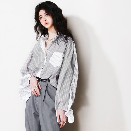 宽松欧美风长袖撞色衬衫