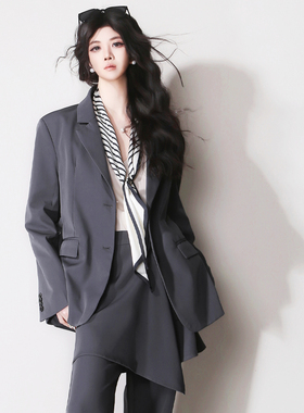 F37可配一套收腰调节深灰色简约欧美风直筒通勤百搭休闲西装外套