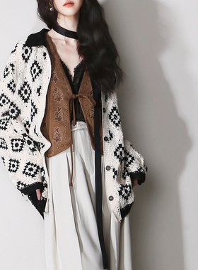 D71黑白菱格花纹镂空撞色宽松显瘦慵懒复古叠穿针织毛衣开衫外套