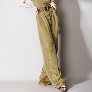 C39可配一套低饱和度暗金色丝滑垂感透气褶皱高腰阔腿直筒休闲裤