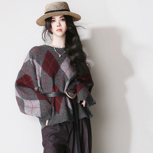 E51大气安哥拉红灰复古撞色菱形格宽松圆领欧美风秋冬套头毛衣