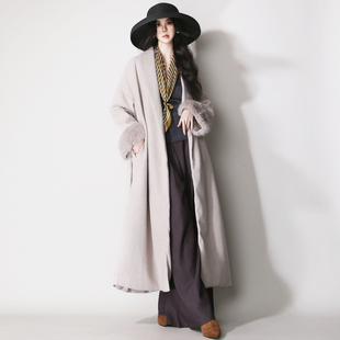 E16毛毛袖 收腰系带简约欧美风宽松毛呢大衣外套 口慵懒翻领加长款
