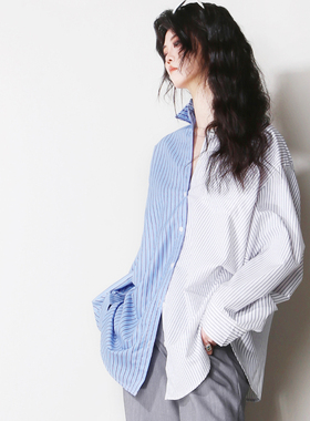 A29前短后长不对称左右蓝白条纹撞色拼接宽松显瘦男友风长袖衬衫