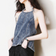 V65大露背挂脖吊带欧美风ins水洗牛仔显瘦短款 打底叠穿露肩背心