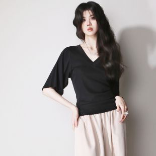 V领简约百搭欧美风5分袖 收腰修身 套头T恤 型超显瘦宽松衣袖 D14版