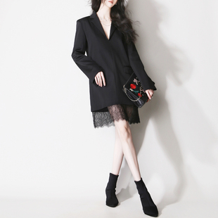 E74大气西装 设计感蕾丝下摆半透视拼接欧美风直筒显瘦简约连衣裙