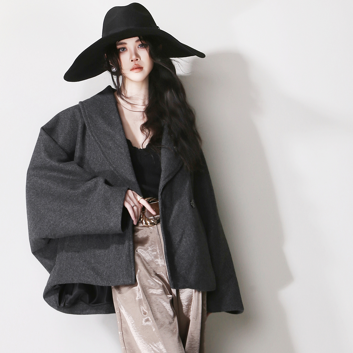 双排扣大翻领欧美风茧型宽松外套