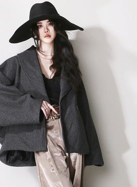 D82大气落肩廓形翻领双排扣大翻领欧美风茧型宽松显瘦复古呢外套