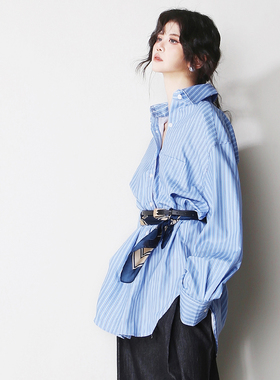 A76显摆清爽蓝色竖条纹加长款慵懒显瘦欧美风防晒长袖男友衬衫