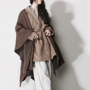 D68大气无衣袖 复古欧美风毛衣披肩外套 设计落肩斗篷重磅垂感长款