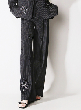 F61可配一套亮片珠片花朵刺绣竖条纹直筒阔腿欧美风休闲西装长裤