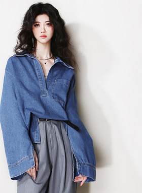 宽松欧美风长袖牛仔开叉衬衫