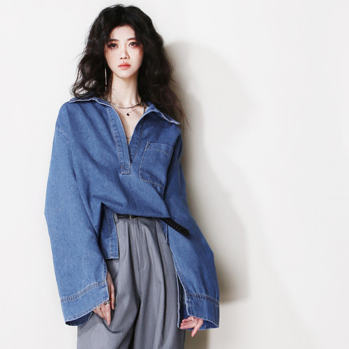 宽松欧美风长袖牛仔开叉衬衫