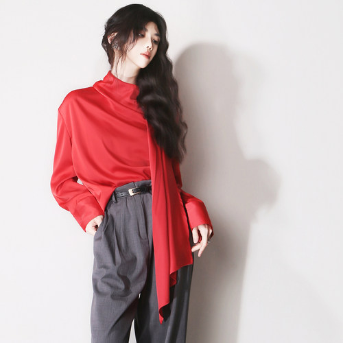 F77丝滑缎面垂感不对称围脖丝巾设计感褶皱宽松显瘦大气复古衬衫 - 封面