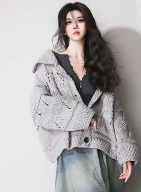 E11大码镂空复古减龄大翻领宽松粗棒针钩织慵懒松弛毛衣开衫外套