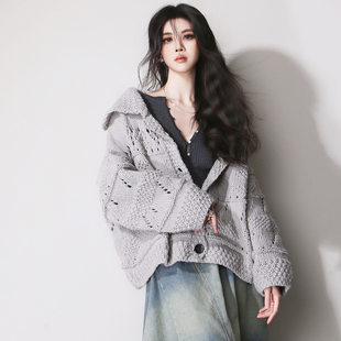 E11大码 外套 镂空复古减龄大翻领宽松粗棒针钩织慵懒松弛毛衣开衫