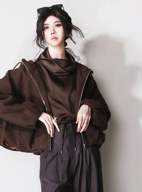 F42立体感褶皱下摆宽松显瘦休闲高腰欧美风连帽拉链薄毛呢短外套