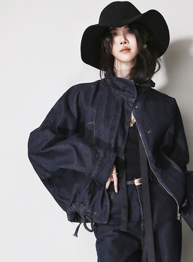 D81立领翻领宽松落肩高腰抽绳收口拉链宽松休闲欧美牛仔外套夹克