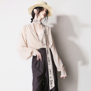 F30串珠刺绣飘带围脖领结垂感宽松垂感欧美风唯美浪漫复古衬衫