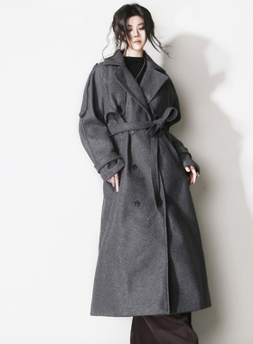 E83重磅加厚保暖及踝加长款工装欧美风廓形落肩腰带气质毛呢大衣