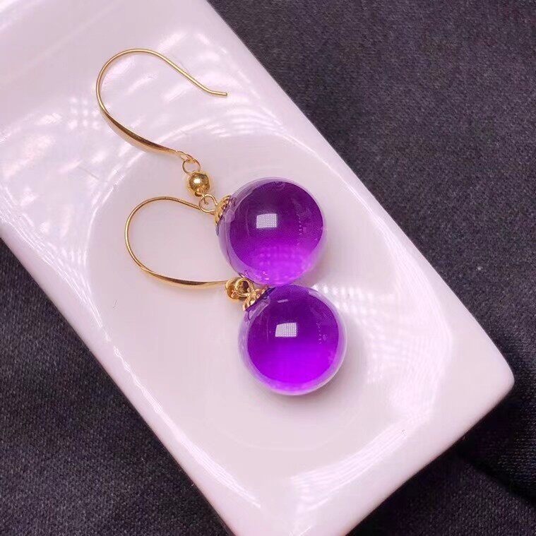 천연 브라질 자수정이 박힌 18K 골드 10MM 둥근 구슬 귀걸이 순수 짙은 보라색 전송 비즈 세련된 귀고리
