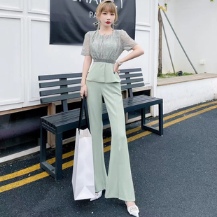 轻奢高端西装拼接蕾丝上衣直筒喇叭裤套装正式场合OL通勤两件套夏