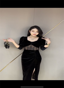 黑色长裙复古丝绒性感方领高腰显瘦包臀开叉连衣裙赫本小黑裙女